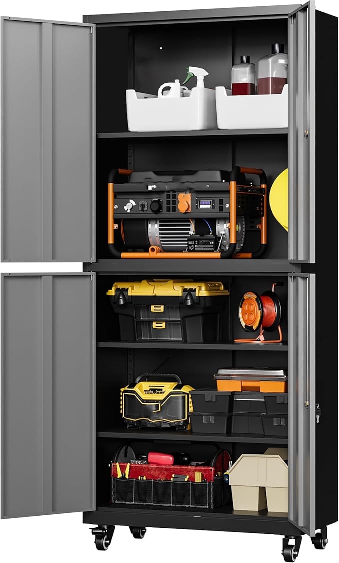 Letaya Metal Garage Storage Cabinet with Wheels,Steel Tool Rolling Cabinets with Lock Door and Adjustable Shelves fro Home Utility Organization Room (1PC-Black Gray)