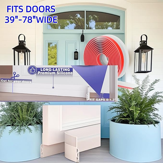 Door Draft Stopper, Adjustable 39-Inch Silicone Door Sweep for Bottom of Door, Gap Filler for Air & Noise Blocking, Weather Stripping Seal for Interior/Exterior Doors (White)