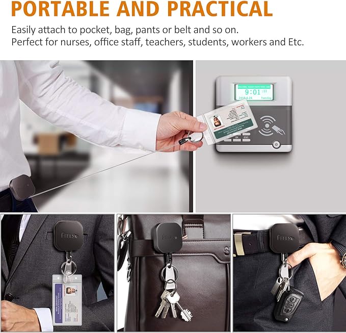 FEELSO Badge Holder Reel Retractable, Metal Heavy Duty Badge Holder with Belt Clip Key Ring and 6pcs Plastic ID Card Holders, Steel Wire Cord Up to 25 inch (2 Pack)