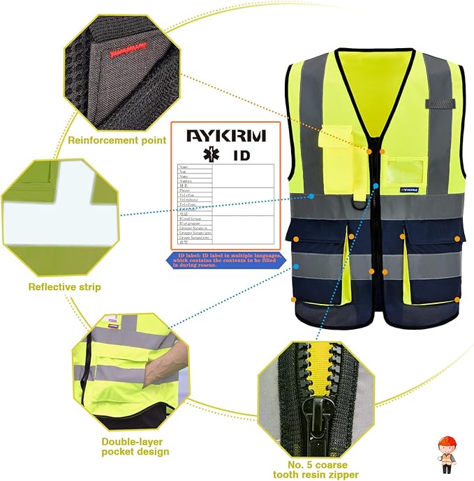 A-SAFETY Reflective Safety Vest,Hi Vis 7 Pockets High Visibility Zipper Front Safety Vest,Yellow&Navy Color Mixed, XXXL