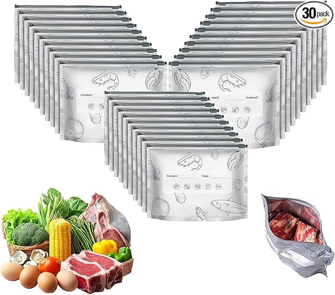 30Pcs Reusable Aluminum Foil Sealable Storage Bags, Thicken Stand Up Foil Sealable Bags with Label and Zip Lock, Aluminum Foil Bags for Food, Vegetable Fruit Meat (10*S+10*M+10*L)