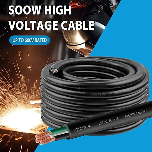 100ft 10/3 10 AWG Portable Power Cable (3 Conductor) - SOOW 600V 10 Gauge Electric Wire for Motor Leads, Portable Lights, Battery Chargers and Machinery - 3 Conductor - 100 Feet Electrical Cord