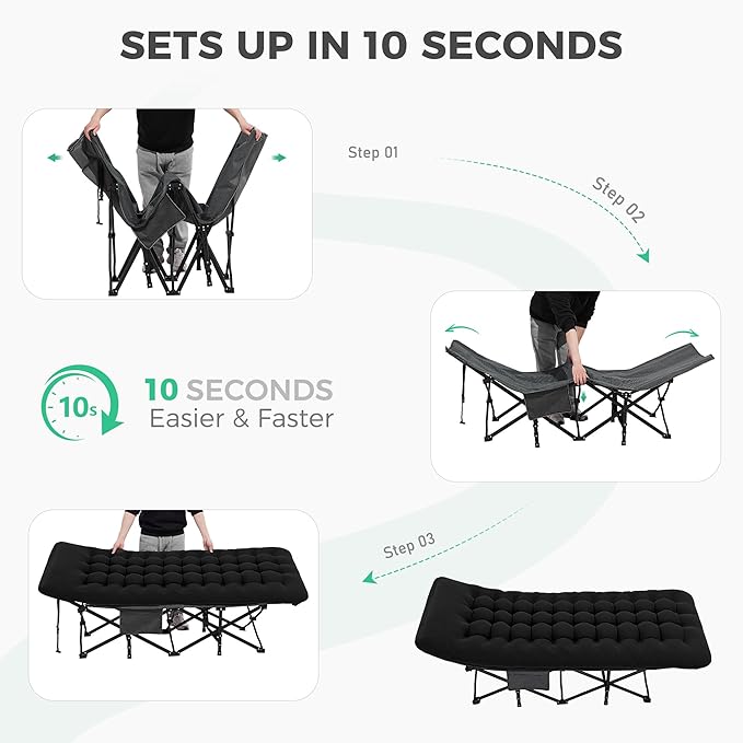 JEAREY Folding Camping Cot for Sleeping, Camping Cots for Adults with Mattress, 1200D Double Layer Oxford Portable Folding Cot Bed with Carry Bag for Guest, Travel, Hiking, Black