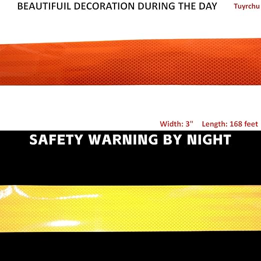 Non Fading Reflective Tape Orange Outdoor Waterproof 3 inch Wide, High Visibility Safety Warning Reflector Sticker Strips (168 feet)
