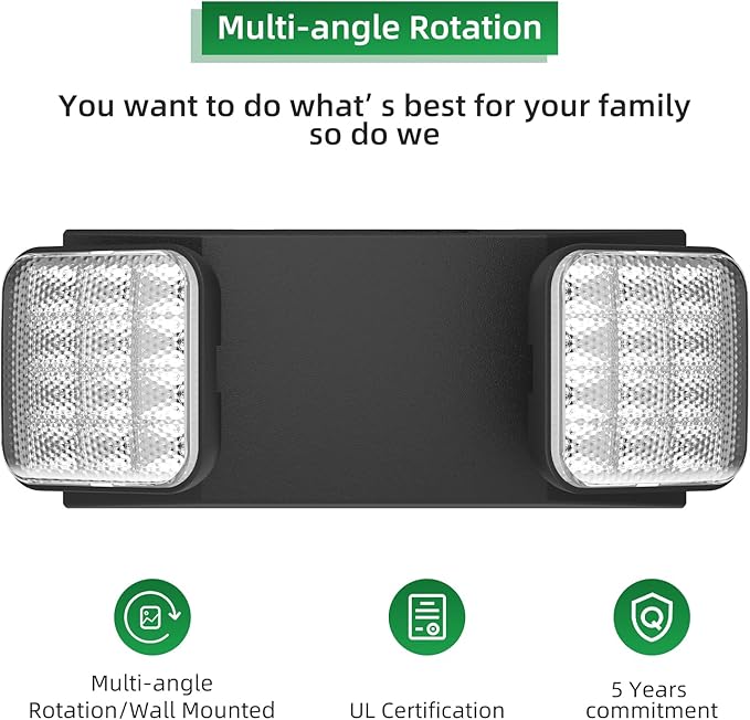 12 Packs Blacks Emergency Lights with Backup Battery,Two Head Adjustable Fire Commercial Emergency Light Fixture-UL Listed-120/277VAC-Led Emergency Exit Lights Fixtures for Business.