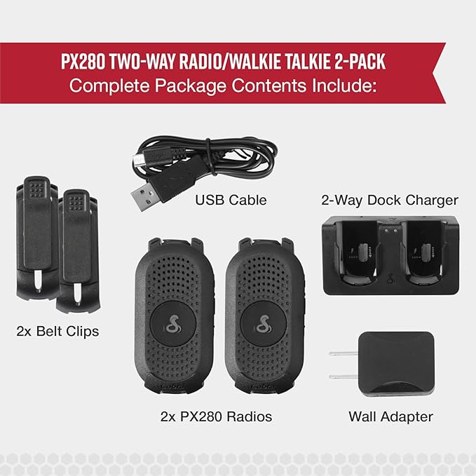 Cobra PX280 Compact Portable FRS Two-Way Radios - IP54 Certified Durability, Dock Charging, 12-Hour Battery Life, Compact Wearable Form Factor Professional Walkie Talkies for Business (2-Pack)