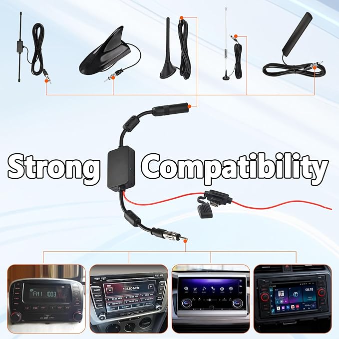Universal Car Antenna Booster 12V Vehicle Stereo FM AM Radio Antenna Signal Booster Amplifier for Car Truck SUV Marine Boat UTV RV Audio Radio Stereo Media Head Unit Receiver