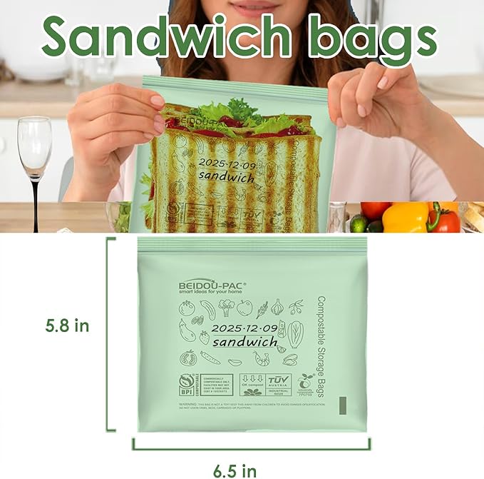Compostable Sandwich Food Storage Freezer Bags, 80 Count | 2 Mil | 6.5 IN x 5.8 IN, Freshness Easy Open Biodegradable Eco-Friendly Reclosable Compost Zip Bags