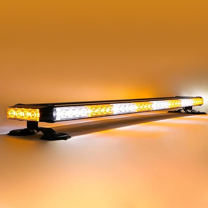 38" Amber Yellow Rooftop Beacon Warning Emergency Flashing Snow Plow Light Bar Double Side Strobe Light Traffic Advisor with Magnetic Base for Tow Work Truck Pickup (Amber/White/Amber)