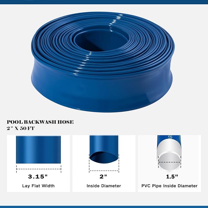 Eastrans 2''x50ft Pool Backwash Hose,Heavy Duty Discharge Lay Flat Hose for Swimming Pool, Drain Hoses with Hose Clamp