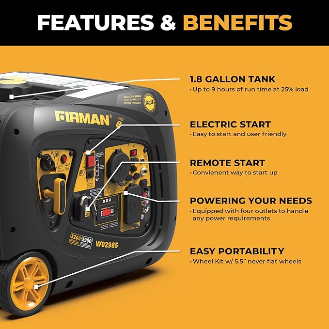FIRMAN W02985 Gas Inverter Portable Generator, 3200W Remote Start, Quiet 58dB, 1.8-Gal Tank, 9 Hrs Runtime, Wheel Kit, RV Ready, Use for Camping, Tailgating & Outdoor Recreation