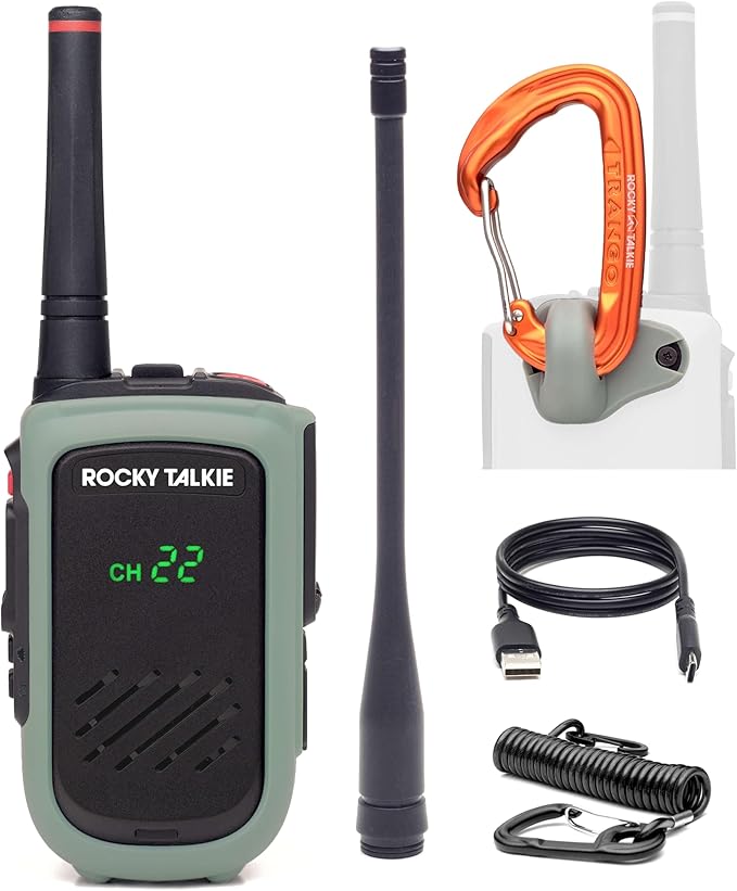 Rocky Talkie Expedition 5 Watt Radio with Climbing Rated Carabiner Attachment - GMRS Radio with IP67 Waterproofing, Long Range Walkie Talkie, NOAA Weather Alerts, 5 Day Battery Life, 1 Pack