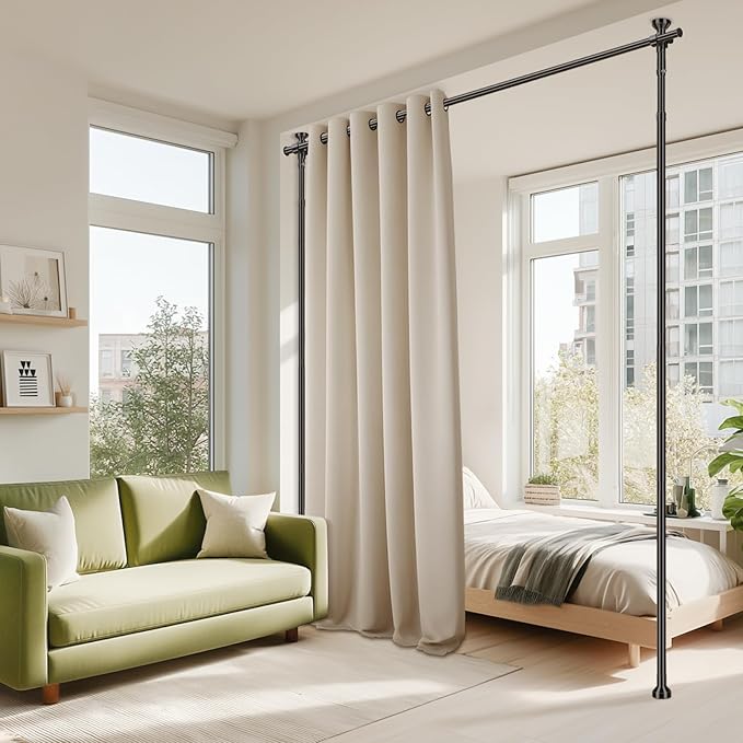 Room Divider Tension Curtain Rod, No Drilling Room Separator for Space Partition Adjustable (H) 43-120×(W) 35-100 inch, Heavy Duty Temporary Wall Divider Floor to Ceiling Tension Rod, Black, 1 Pack
