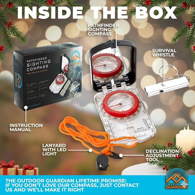 Pathfinder Sighting Compass - Precise Navigation, Hiking and Orienteering Mirror Compass with Luminous Bezel, Adjustable Declination, Clinometer, LED and Survival Whistle, Scout Gifts