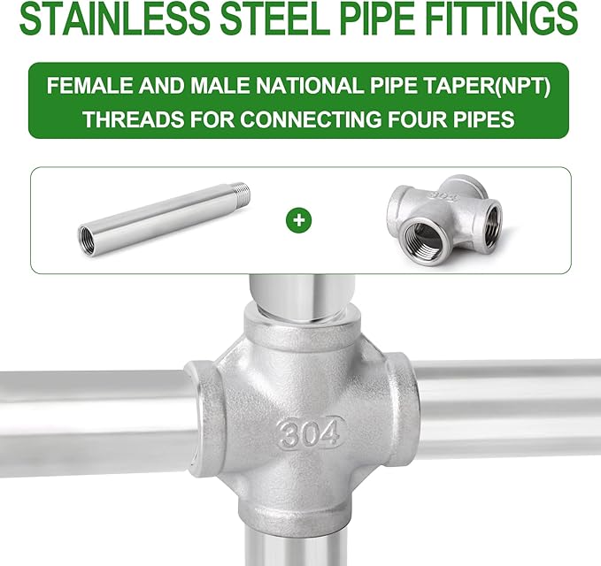 TAISHER 2PCS Stainless Steel 4 Way Pipe Fittings, 3/8" x 3/8" x 3/8" x 3/8" NPT Female Pipe Fittings