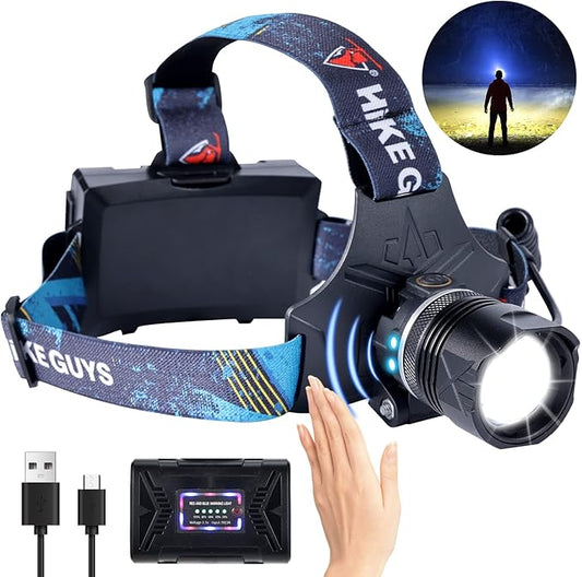 LED Rechargeable Headlamp, Headlight 1500 Lumens Super Bright with 6 Modes & IPX5 Warning Light, Motion Sensor Adjustable Headband Head Lamp, 60° Adjustable for Adult Outdoor Camping Running Cycling