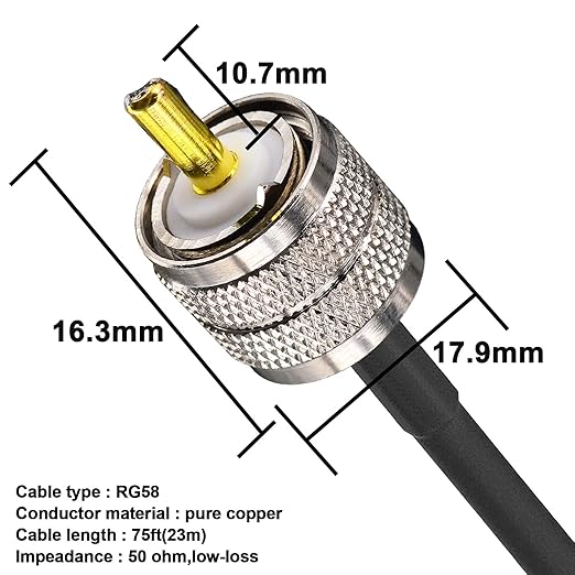 Ham Radio Coax Cable, RG58 50 Ohm, 23M (75FT), PL259 Male to SO239 Female, with 4-Pack Adapters (SMA/UHF/BNC/SO239), for CB, Amateur, Ham Radio Antenna