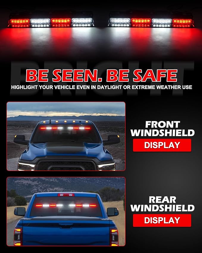 HLauto 604N Emergency Dash Strobe Lights: 2x16.8 inch Red White Security Light w/Take Down, 48 LED Safety Flashing Warning Hazard Interior Windshield Light Bar for Trucks Vehicles