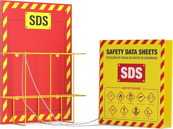 MSDS Wall Station - 3 Inch 3 Ring Material Safety Data Sheet Binder with SDS Wire Rack and Display Sign, Chain, Mounting Hardware, SDS Poster, MSDS Labels - Heavy Duty OSHA Yellow Binder (pack of 10)