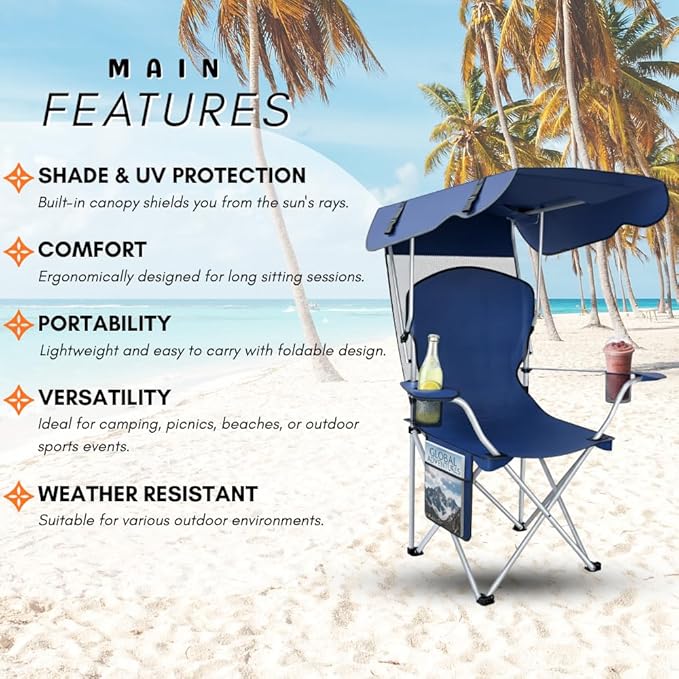 Portable Folding Camping Chairs with Canopy Shade, Beach Chair for Adults, Durable Weather Resistant 600D Oxford Cloth, Camping Chair with Canopy for Outdoors [Navy]