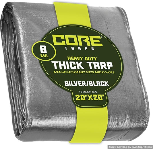 Core Tarps Heavy Duty 8 Mil Tarp Cover, Waterproof, UV Resistant, Rip and Tear Proof, Poly Tarpaulin with Reinforced Edges for Roof, Camping, Patio, Pool, Boat. (Silver/Black 20′ X 20′)