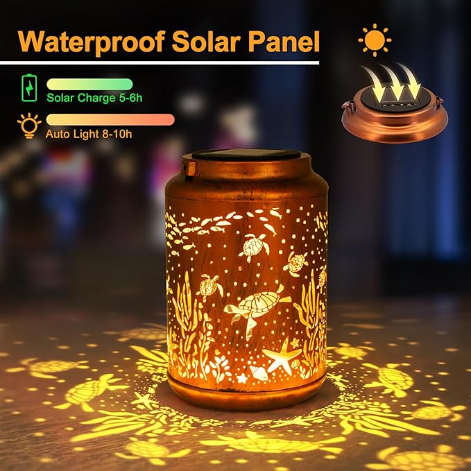 YISITEONE Sea Turtle Outdoor Solar Lanterns, Garden Waterproof Metal Hanging Decor Lights for Patio Yard Pathway Lawn Front Porch, Birthday Gardening Gifts for Women Mom Grandma