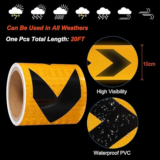 PATIKIL Reflective Tape, 4 Inch x 20 ft Waterproof Self Adhesive High Visibility Safety Warning Arrow Tape Outdoor Reflectors for Trucks Trailers Cars, Yellow Black