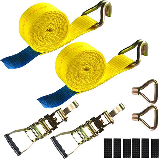 2 Pack Heavy Duty Ratchet Tie Down Straps 2" x16' – 9921 lbs Break Strength Cargo Straps with Metal Hooks for Truck, Trailer, Moving, Motorcycle & ATV, Yellow