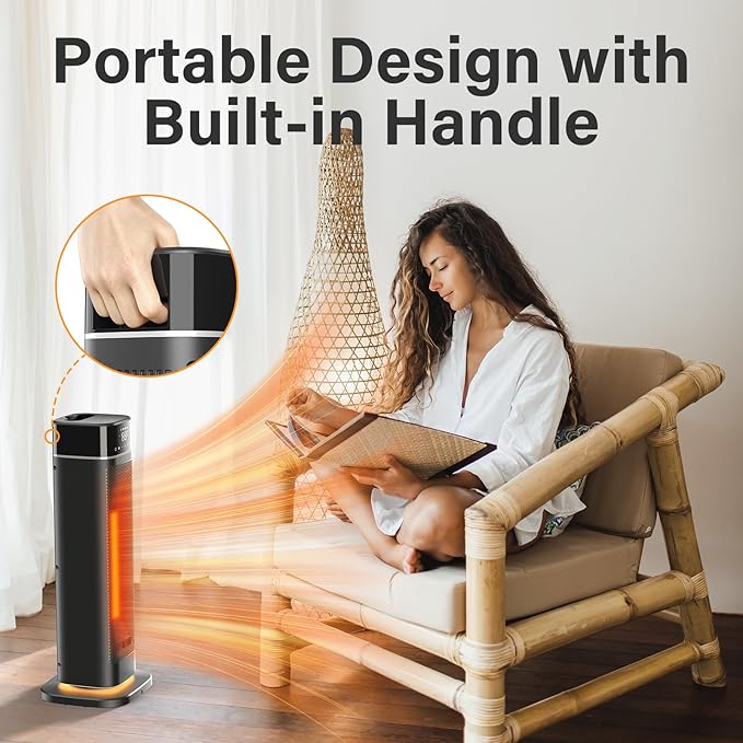24" Space Heater, JRD Fast Heating Portable Electric Heater with Remote, Night Light, 80° Oscillation,4 Mode, Overheat&Tip-Over Protection, Ceramic Heat for Bedroom Office Indoor