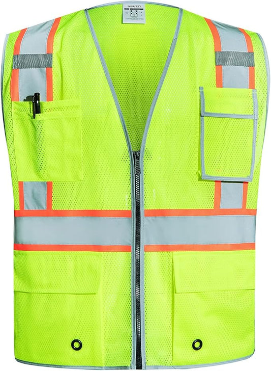 SKSAFETY 10 Pockets Safety Vest, Class 2 High Visibility Security with Zipper Double-sided mesh, Hi Vis Vest with Reflective Strips, ANSI/ISEA Standard, Construction Work Vest （Lime, 3XL）