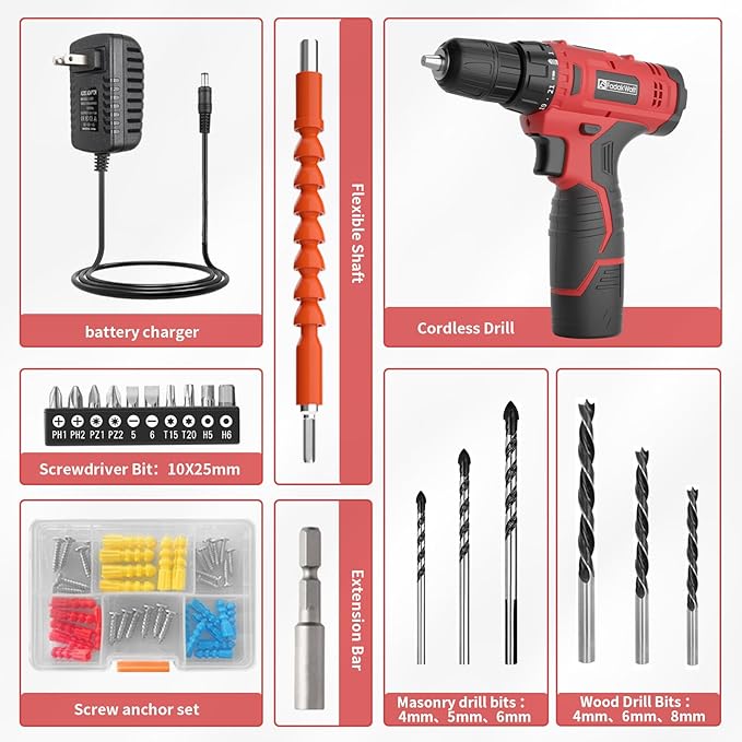 FADAKWALT Cordless Drill Set, 12V Power Drill With Battery and Charger, Electric Driver/Drill Bits, 3/8'' Keyless Chuck, 21+1 Torque Setting, 180 inch-lbs, LED, Red
