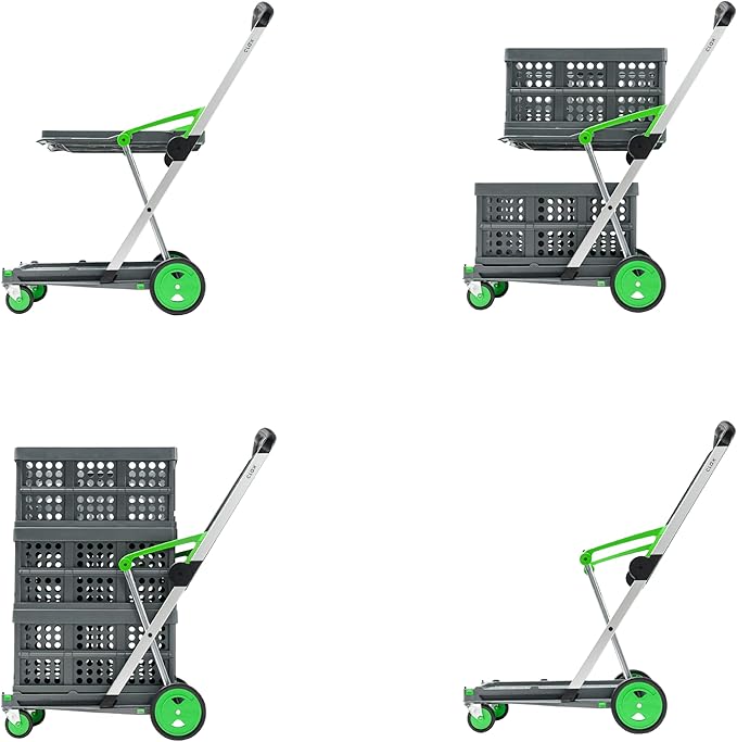 CLAX® The Original | Made in Germany | Multi Use Functional Collapsible Carts | Mobile Folding Trolley | Storage Cart Wagon | Shopping Cart with 2 Storage Crates (Green)