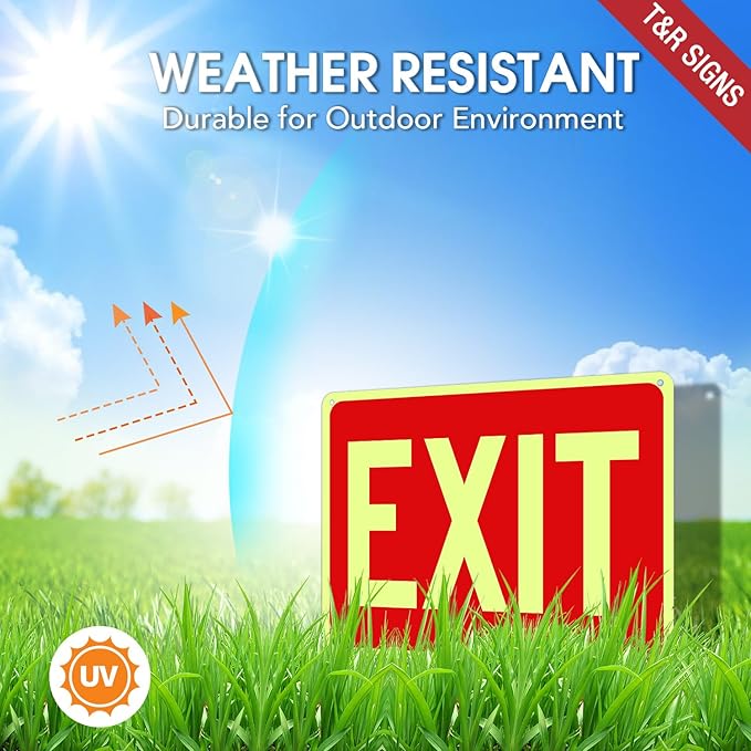 T&R Exit Sign - 2 Pack - 10 x 7 Inches Rust Free .040 Aluminum Glow-In-The-Dark - UV Protected, Waterproof, Weatherproof and Fade Resistant - 4 Pre-drilled Holes