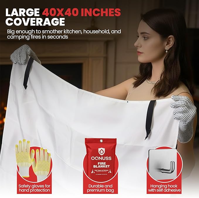 Emergency Fire Blanket 40x40 Inch - 4 Pack Fiberglass Fireblanket with Hook & Gloves | Fire Safety Blanket for Kitchen, Home, Garage, Camping