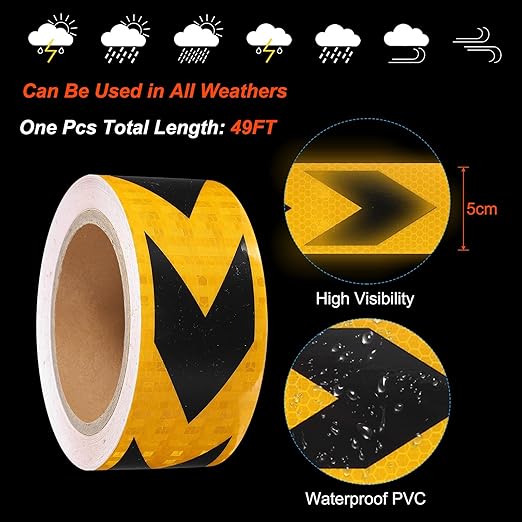 PATIKIL Reflective Tape, 2 Inch x 49 ft Waterproof Self Adhesive High Visibility Safety Warning Arrow Tape Outdoor Reflectors for Trucks Trailers Cars, Yellow Black