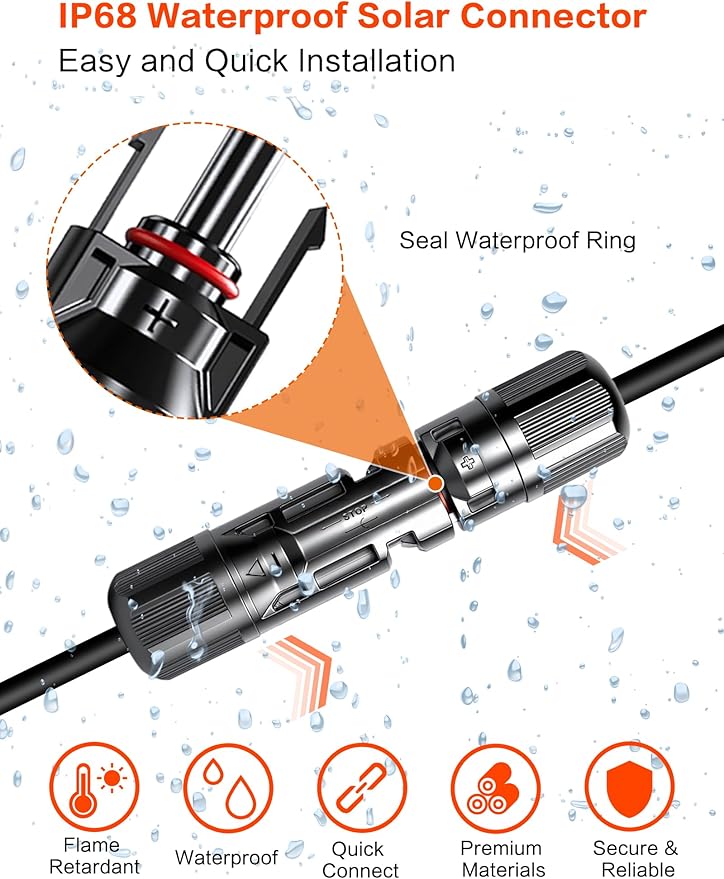 10Feet 10AWG Solar Extension Cable with Female & Male Connectors 6mm Solar Panel Weatherproof Wires for Solar Panels RV Marine Camper Ferry Black & Red PV Tinned Copper Extension Cord Kit