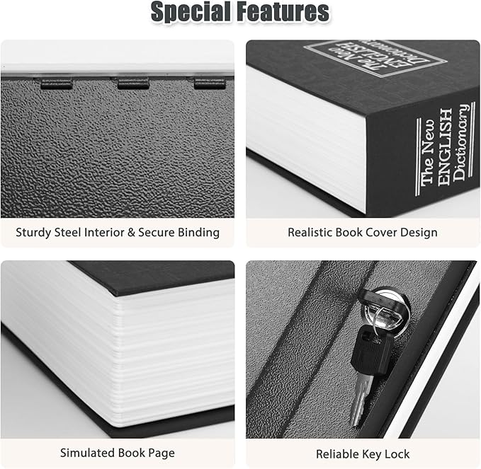 KYODOLED Diversion Book Safe with Key Lock, Secret Metal Lock Box, Collection, Money Hiding Box, 9.5" x 6.2" x 2.2", Black Large