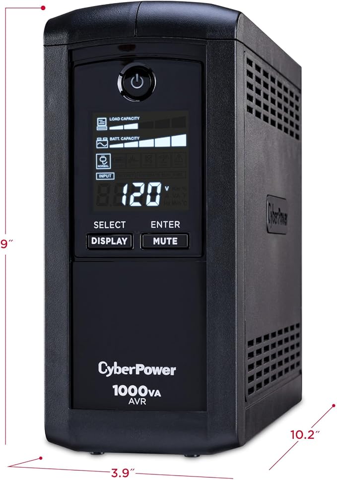 CyberPower CP1000AVRLCD Intelligent LCD UPS Battery Backup and Surge Protector, 1000VA/600W, 9 Outlets, AVR, Mini-Tower, UL Certified