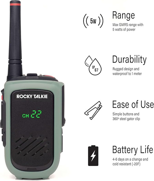 Rocky Talkie 5 Watt Radio - GMRS Radio with IP67 Waterproofing, Long Range Walkie Talkie, NOAA Weather Alerts, 5 Day Battery Life,1 Pack