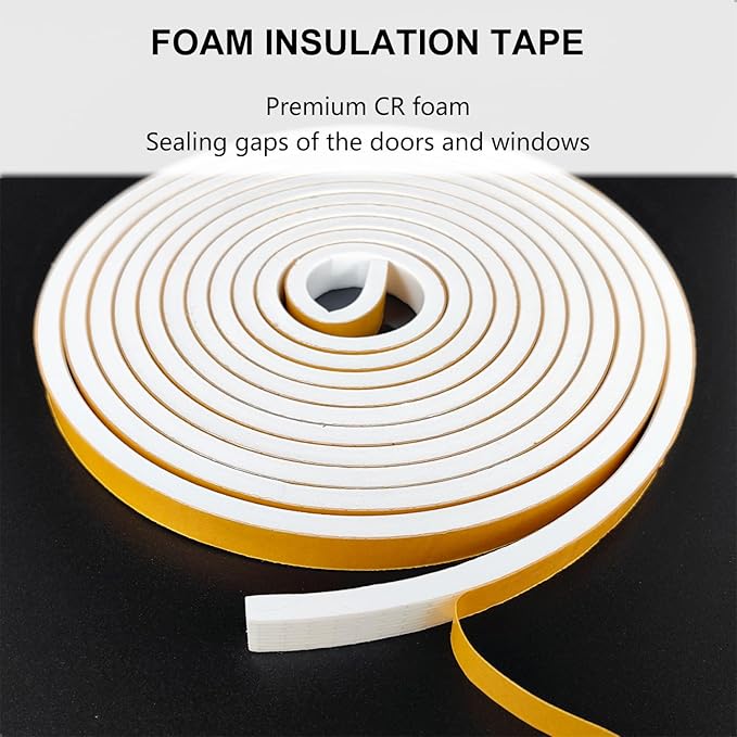 Weather Stripping Door Seal Strip, Strong Adhesive, Weatherproof, Reduce Noise, Gap Filler, Foam Insulation Tape for Doors and Windows (1/2 in x 1/2 in x 13 Ft), White