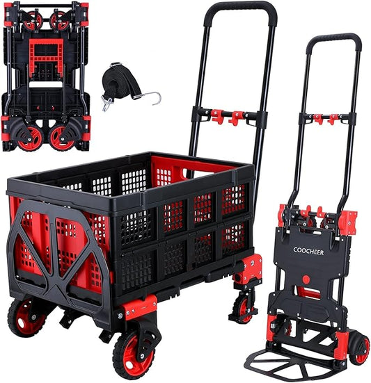 2-in-1 Hand Trucks Dolly, 330Lbs Hand Cart with Basket,Foldable Hand Truck Heavy Duty Dolly with Retractable Handle,Folding Dolly Cart with Wheels,Collapsible Dolly