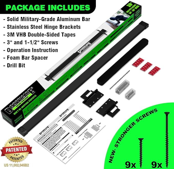 Door Security Bar-by Doorricade-Secure The Entire Width of Your Inward Opening Front Door-Safe Room. Fits Doors 33"-36" Wide-Black Edition.