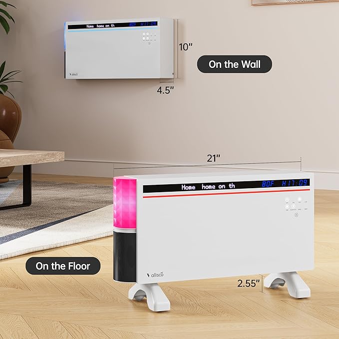 Smart Electric Space Heater with Bluetooth Speaker & RGB Light, App/Remote/Touch Control, Freestanding/Wall Heater, 2 Heat & 2 Fan Modes for All-Season Indoor Use, 110° Oscillating, Works with Alexa