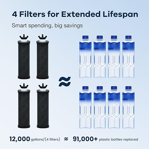 Purewell 3.5G Family-Sized Gravity Water Filter System, 3-Stage 0.01μm Ultra-Filtration Stainless Steel Countertop System with 4 Filters and Stand, Reduce 99% Chlorine, PW-3.5G