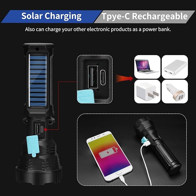 Led Solar Flashlight, 1500 Lumens Led Solar Handheld Rechargeable Flashlights with IP65 Waterproof, 2000mAh Battery for Survival Emergencies Camping (4 Pack)