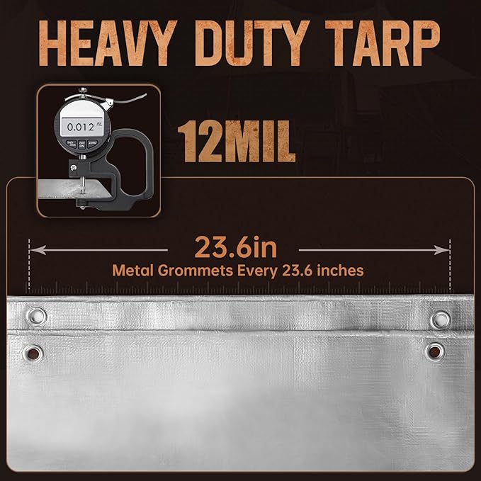 Tarp Heavy Duty 10x10 FT, 12 Mil Thick Large Tarps Water-Proof with Grommets, UV& Tear Resistant, Plastic Cover for Pool Roof Tent Outdoor Firewood, Silver& Brown