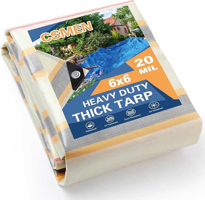 Tarp Heay Duty Waterproof 6x6ft,Stripe Tarp Cover Plastic Poly Tarpaulin for Outdoor Cover,Emergency Rain,Roof, Pool, Boat,Camping - Multipurpose with 20Mil Thickness