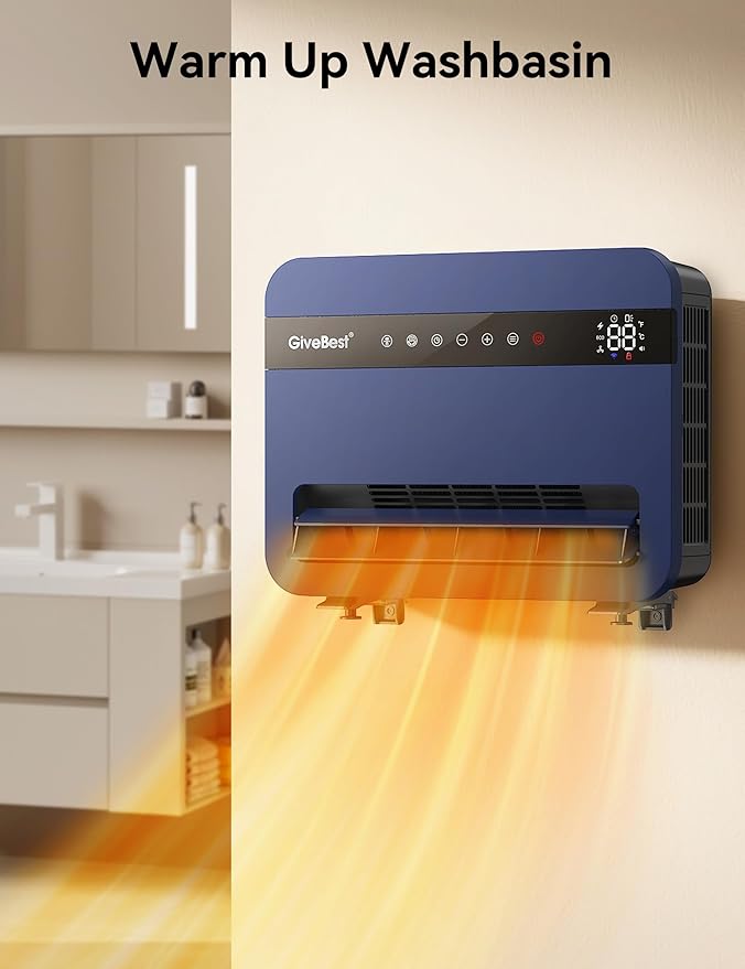 Givebest-Wall-Heater-for-Indoor-Use, 1500W Electric-Space-Heater, 120°Vertical Oscillation,Works with Alexa, Adjustable Thermostat, Remote Control, 24H Timer, Easy-mounted Heater for Indoor Use,Blue