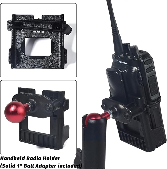 TWAYRDIO Handheld Radio Holder Walkie-talkie Belt Clip Hanger with Aluminium 1" Ball Adapter Compatible with RAM Mounts 1 Inch Ball Mount and Socket Arm, for HT Ham Radios Scanners Mics