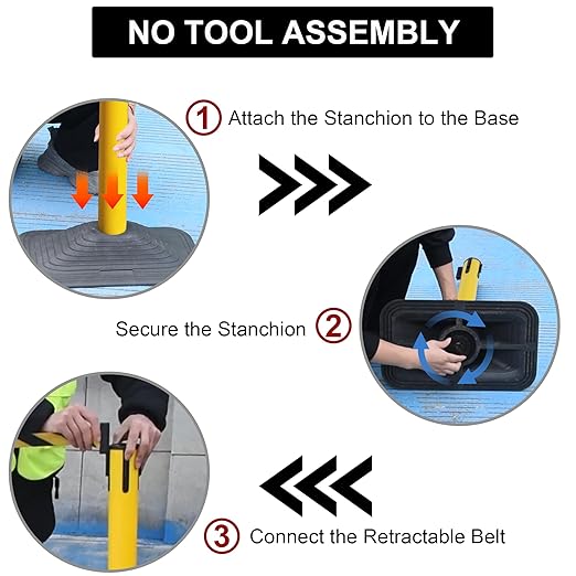 OangeStar 4-Pack Commercial Crowd Control Stanchions with 10ft Retractable Belt, Heavy Duty Queue Barriers for Events, Black Rubber Base Post for High Traffic Areas, Banks & Retail Stores, Yellow
